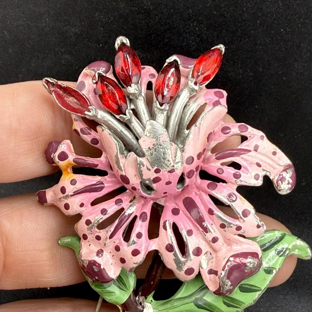 Vintage Estate Pot Metal Brooch Pink Red Floral Enamel Rhinestone  Lily 3.25in